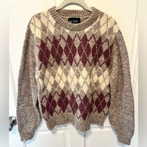 Vintage Pine State tan argyle crewneck pullover wool sweater size m medium USA